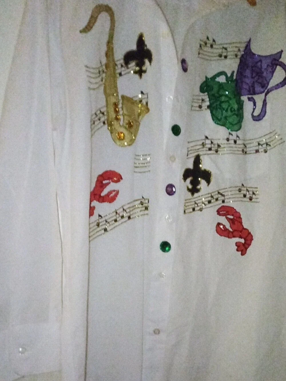 Hand-Painted White Men’s Ladies Button-Up Shirt with Musical & Mardi Gras Motifs